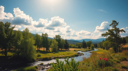 Beautiful summer landscape with a small river in the Altai mountainsの写真素材