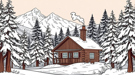 Wooden house in the mountains. Winter landscape. Vector illustration.の写真素材