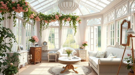 3D render of a beautiful interior of a greenhouse with flowers and plantsの写真素材