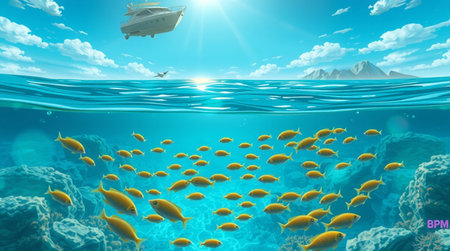 Underwater world with fish and cruise ship. 3D illustration.の写真素材
