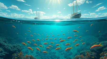 Underwater view with coral reef and sailboat. 3d renderingの写真素材