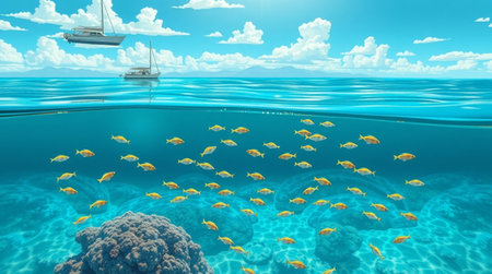 Underwater world with fish and boat. 3d render illustration.の写真素材