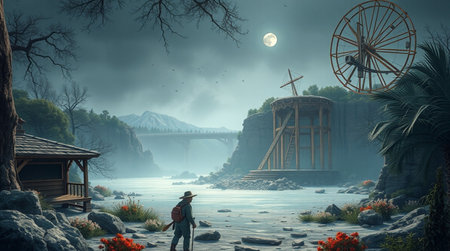 Fantasy landscape with a man on the bank of the river.
