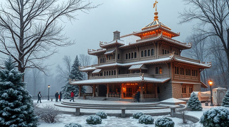 Wooden pavilion in winter with snow and fog, Hangzhou, Chinaの写真素材