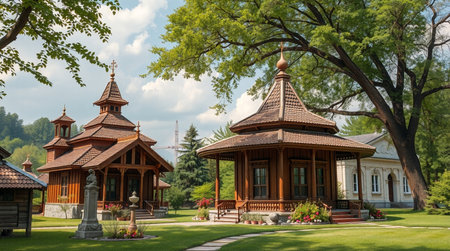 Beautiful wooden house in a park in the center of the city