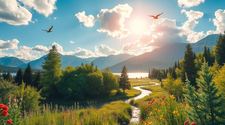 Beautiful summer landscape with a mountain river and clouds in the skyの写真素材