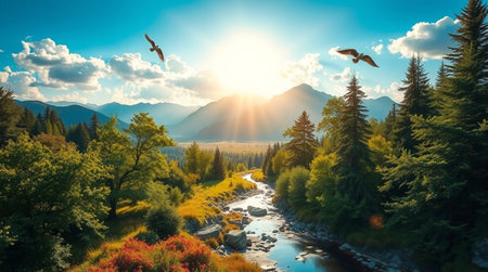 Mountain landscape with a river and a flock of seagullsの写真素材