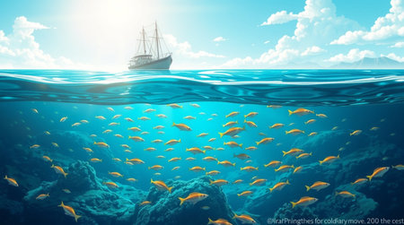 Coral reef with fish and ship in ocean. 3d renderingの写真素材