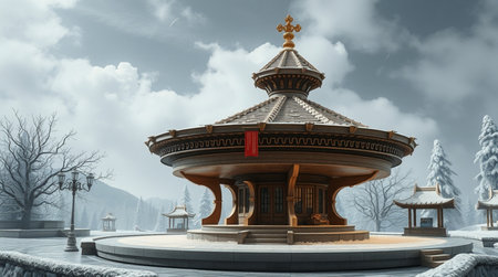 3D CG rendering of Chinese temple in the snow. 3D CG. High resolution.の写真素材