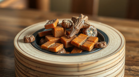 Caramel candies in a bowl on wooden table, closeupの写真素材