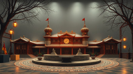 3D rendering of a Chinese temple in a foggy winter nightの写真素材