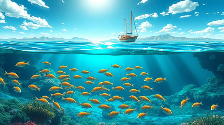 Tropical fish and sailboat floating in the sea. 3d renderの写真素材