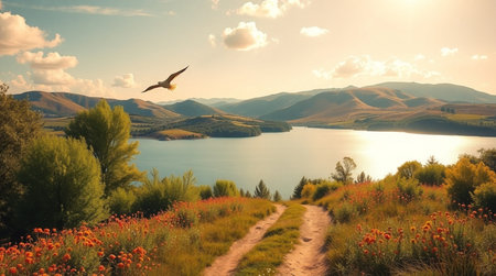 Beautiful landscape with lake and mountains in the background. Sunset.