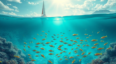 Underwater view of coral reef with fish and boat. 3d renderの写真素材