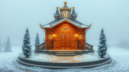 3d render of a wooden house with a clock in the snowの写真素材