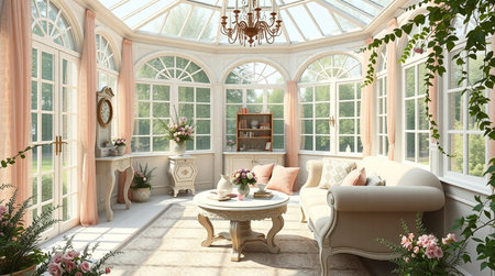 3D render of a beautiful interior of a country house with a large windowの写真素材