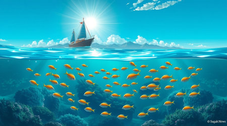 Underwater scene with sailboat and coral reef. 3d renderingの写真素材