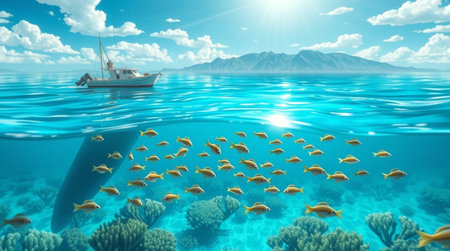 Fishing boat in the sea with coral reef and fish. 3d renderの写真素材