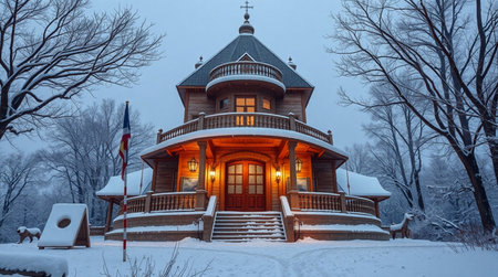 Wooden house in the winter forest. Russia, Krasnodar Kraiの写真素材
