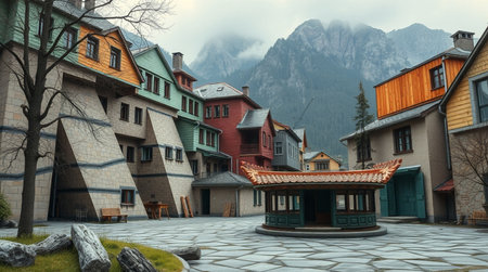 Wooden houses in the old town of Dolomitesの写真素材