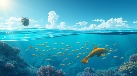 Underwater landscape with fishes and coral reef. 3d render.の写真素材