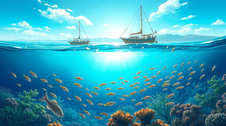 Underwater world with fish and sailboat. 3d illustration.の写真素材