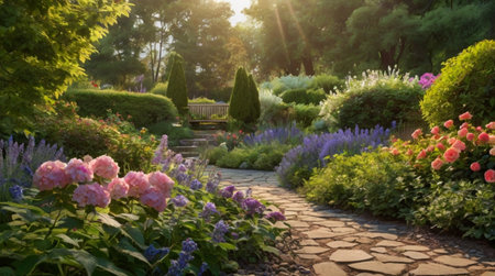 Beautiful flower garden in the morning light. Landscape design.の写真素材