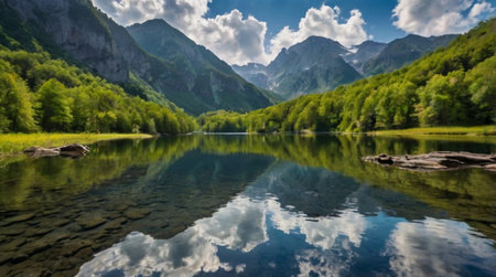 Panoramic view of a mountain lake in the Caucasus mountains.の写真素材