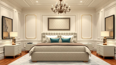 3d rendering luxury classic bedroom suite in classic style with golden wallsの写真素材