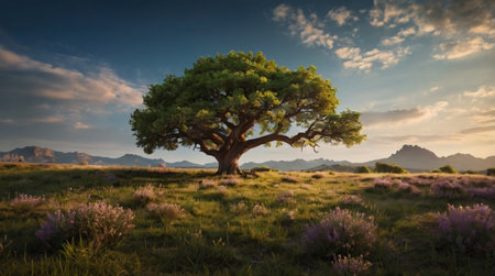 Lonely tree in the meadow at sunset, Sardinia