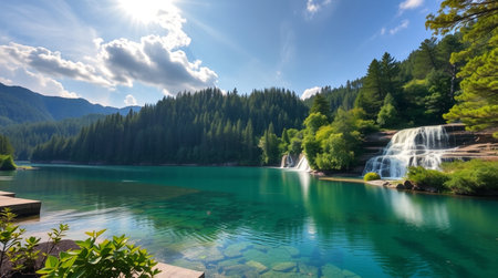 Beautiful mountain lake with crystal clear water and green forest in summerの写真素材