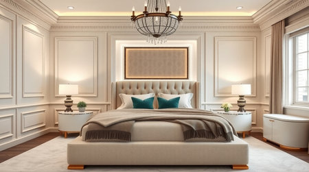 3d rendering luxury bedroom suite in classic style with gold frame on wallの写真素材
