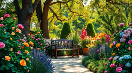 Beautiful spring garden with bench and blooming flowers. Spring landscapeの写真素材