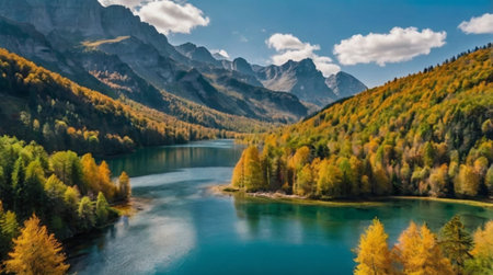 Panoramic view of beautiful alpine lake in autumn, Italyの写真素材