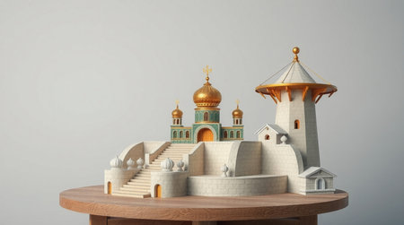 3D render of a model of the Moscow Kremlin on a wooden tableの写真素材