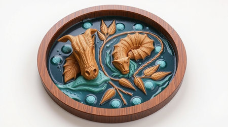 Wooden bowl with intricate carvings on a white background. Top view.の写真素材