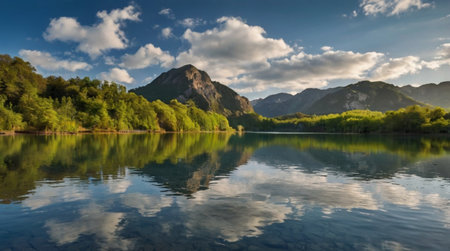 Reflection of mountains and clouds in the lake. Summer landscape.