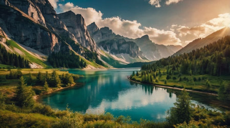 Mountain lake in Dolomites, Italy. Panoramic viewの写真素材