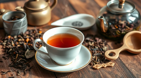 Tea cup and teapot on a wooden table, close upの写真素材