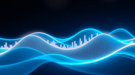 abstract 3d illustration of digital sound wave with blue glowing lightsの写真素材