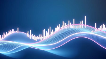 3d illustration of digital sound waveform with glowing particles on dark background