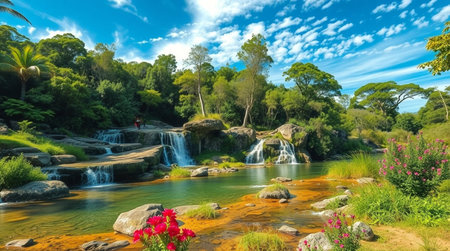 Panoramic view of a small waterfall surrounded by greenery on a sunny dayの写真素材