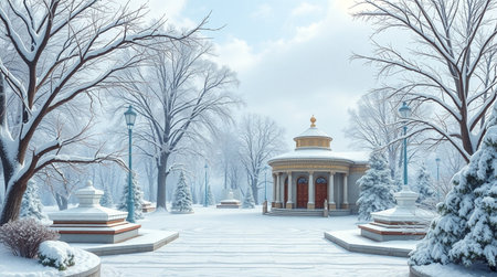 Winter landscape with a pavilion in the park, Moscow, Russiaの写真素材
