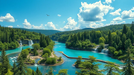 Aerial view of turquoise water of Plitvice Lakes National Park, Croatiaの写真素材