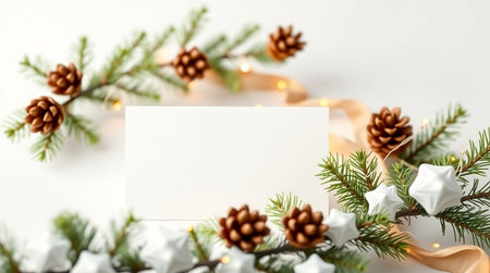 Christmas greeting card mockup with fir branches, pine cones and garland on white backgroundの写真素材