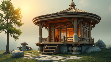 3d illustration of a wooden gazebo on the grassの写真素材