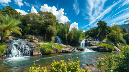 Panoramic view of a small waterfall surrounded by lush greenery.の写真素材