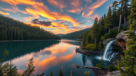 Beautiful sunset over the mountain lake in Jasper National Park, Canadaの写真素材