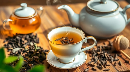 tea in a cup, teapot and cup of teaの写真素材