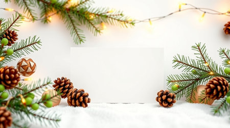 Christmas greeting card mockup with fir branches, pine cones and garland lights on white backgroundの写真素材